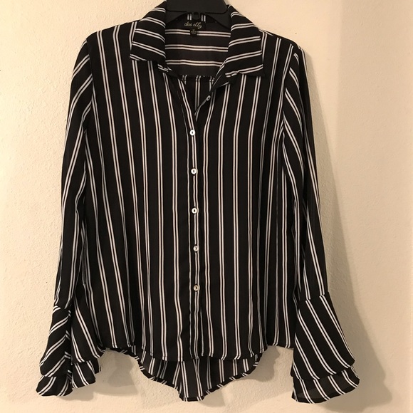 dee elle Tops - Black stripped ruffle office work blouse